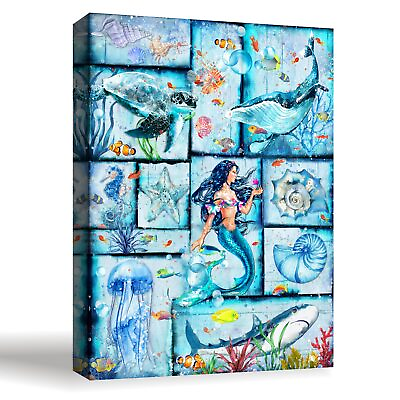 #ad Bathroom Wall Art Blue Ocean Canvas Wall Decor Sea Turtle Mermaid Paintings f... $23.97