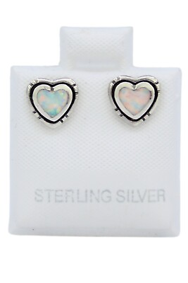 #ad Heart Shaped 925 Sterling Silver with Lab Created Opal White Inlay Tiny Earrings $15.26
