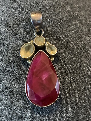 #ad Large Sterling Silver 925 Natural Red Ruby amp; Crystal Pendant $18.50