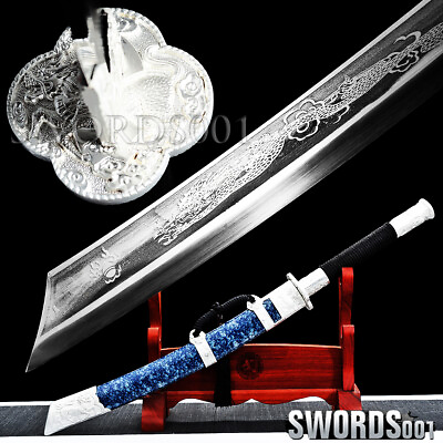 #ad SILVERY ALLOY KYLIN FITTINGS CHINESE BROADSWORD SWORD BLUE SCABARD CARBON STEEL $150.10