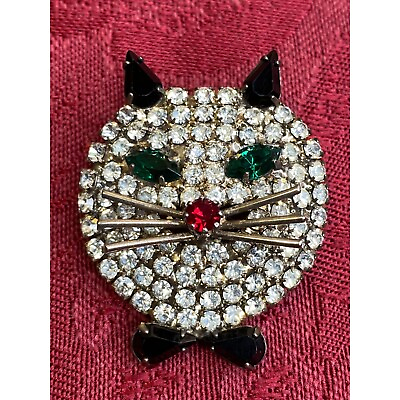 #ad Vtg Cat Face Whiskers Rhinestones Brooch Pin Green Eyes Red Nose Black Ears 1 1 $15.00