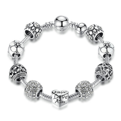 #ad DIY European 925 Silver Clear CZ Love Heart Charm Bracelet w All Charms $5.21
