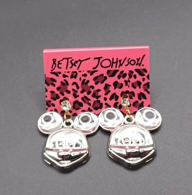 #ad New Betsey Johnson Rhinestone Silver Mickey Mouse Earrings With Tag $9.74