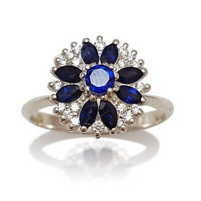 #ad Unique Simulated Sapphire Diamond Flower Engagement Ring 14k White Gold Plated $106.07
