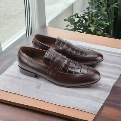#ad Men#x27;s New Tone Brown Leather amp; Alligator Texture Slip On Moccasin Loafer Shoes $149.99