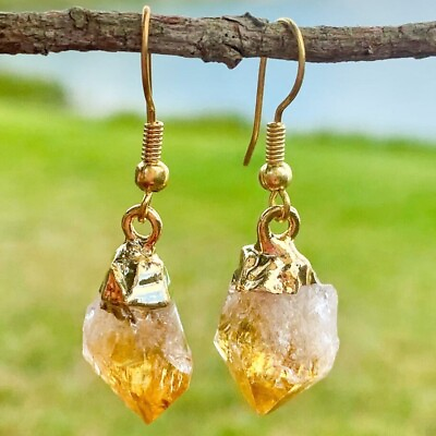 #ad Natural Raw Citrine Stone Dangle Earrings Yellow Gemstone Crystal Drop Earrings $12.99