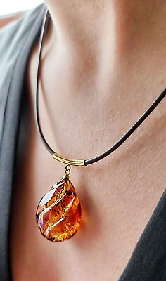 #ad Carved Gradient Amber Drop amp; Leather Necklace $88.40