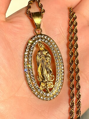 #ad Men#x27;s 14k Iced Gold Virgin Mary Lady of Guadalupe Pendant Rope Chain Necklace $25.99