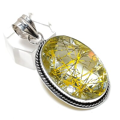 #ad Natural Golden Rutile Gemstone Handmade 925 Sterling Silver Pendant 1.97quot; P760 $9.99