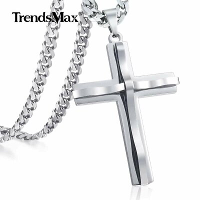 #ad Silver Mens Cross Pendant Necklace 5mm 18 36#x27;#x27; Stainless Steel Curb Cuban Chain $7.59