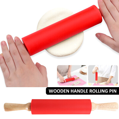 #ad Rolling Pin Food Grade Silicone Non Stick Fondant Roller Wooden Handle Cake .c $9.11