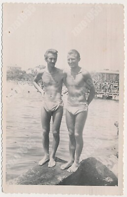 #ad 1952 Shirtless Muscular Men Male Physique Beach Gay Int Bulge Trunks Old Photo $31.35