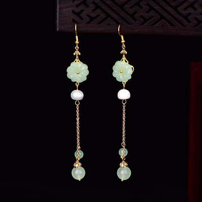 #ad Green Jade Flower Earrings Natural Fashion Women Vintage Jewelry 925 Silver $11.00