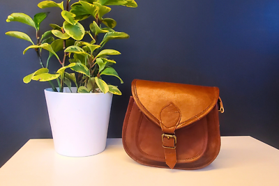 #ad Handcrafted Brown Leather Crossbody Saddle Bag Clasp Closure Shoulder Bag $99.00