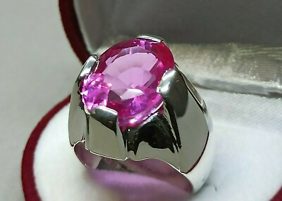 #ad 20 Carat Oval Cut Pink Topaz Mens Ring Sterling Silver 925 Handmade Topaz Ring GBP 120.00