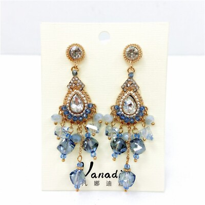 #ad Stunning Multilayer 925 Post Blue Crystal Tassel Luxury Chandelier Earrings $13.94