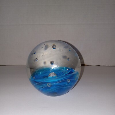 #ad Vintage Art Glass Paperweight Nouveau Orb Blue Swirl Controlled Bubbles MCM $21.00