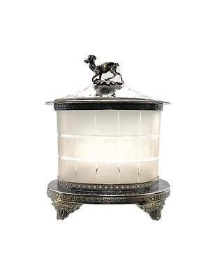 #ad English Antique Silver Plated Ram Topped Glass Biscuit￼ Box Walker amp; Hall Decor $620.00