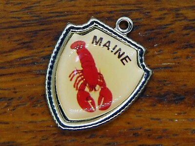 #ad Vintage silver MAINE STATE LOBSTER NEW ENGLAND TRAVEL SHIELD charm 48 12 $16.95