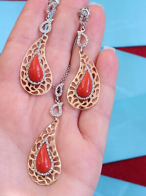 #ad Coral Earrings Pendant and Chain Natural Momo Coral Rose Gold 18k Diamonds $3000.00
