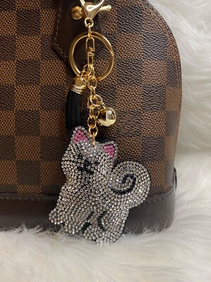 #ad Dog Keychain Bag Charm Crystal Bling Silver Black Tassel New Handmade Gift $12.99