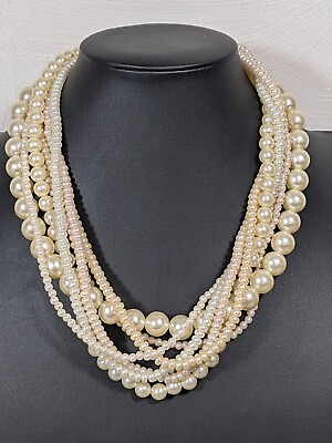 #ad Vintage Cream Pale Pink Acrylic Faux Pearl Multi Strand Necklace Bold Statement $9.09