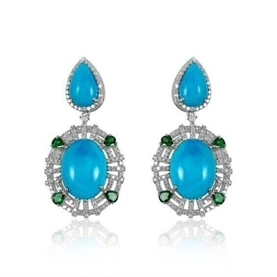 #ad 21Ct Oval Simulated Diamond Turquoise Drop Dangle Earring 14K White Gold Plated $339.70