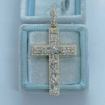 #ad 3Ct Baguette Cut Real Moissanite Cross Pendant 925 Sterling Silver Free Chain $118.25