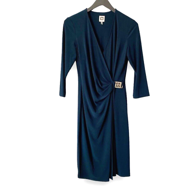#ad Anne Klein Women#x27;s Wrap Dress Emerald Green UK 12 V Neck Long Sleeve Elegant GBP 21.99