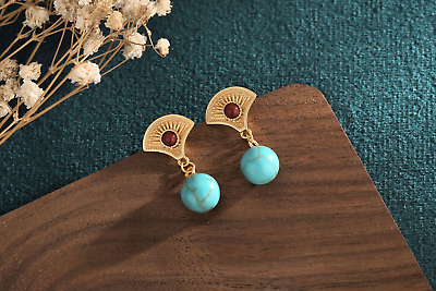 #ad Natural Turquoise Drop Dangle Earrings Boho Gemstone Ethnic Stud 18K Gold Plated $11.95