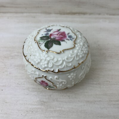 #ad Round Rose Trinket Jewelry Box Ceramic Gold Colored And Raised Floral Details $11.00