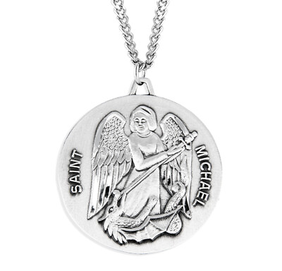 #ad Saint Michael Round Sterling Silver Religious Medal Pendant Necklace Jewelry $142.88