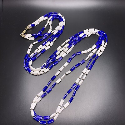 #ad Extra Long Beaded Necklace Blue White Layered Hong Kong Plastic 54 Inch Vintage $17.95