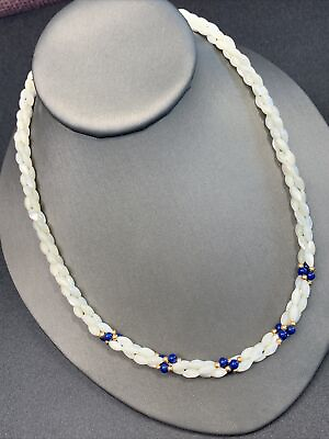 #ad Twisted 3 Strand Mother Of Pearl Blue Stone Necklace. Bohemian Shell 18” $28.78