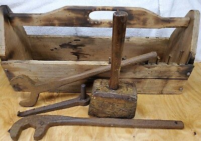 #ad XL Primitive Blacksmith Woodworking Railroad Toolbox Mallet Cast Iron Tool Lot $165.75