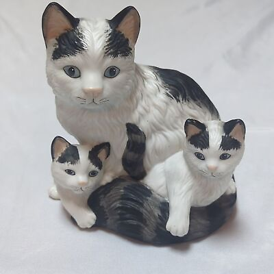 #ad Homco Black amp; White Mother Long Hair Cat Kitty with Kittens Figurine 6.5 Inch $20.00