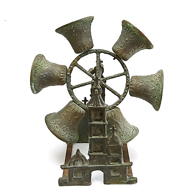 #ad Vintage Church Belfry Hand Cranked Spinning Ferris Wheel Bells Iron Verdigris $314.99