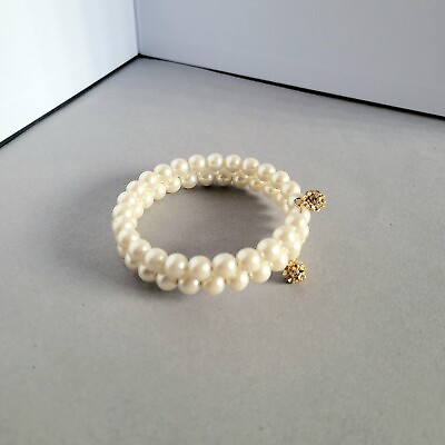 #ad White Faux Pearl Coiled Bracelet Bangle w Rhinestone Charm Multi Strand Beaded $12.00