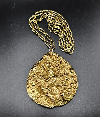 #ad Napier Bertolli Molten Lava Pendant Brutalist Necklace Gold Tone 1970s Huge $179.99