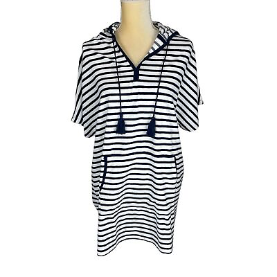 #ad Lands’ End Hooded Terry Cloth Navy White Striped Swim Robe Cover Up Size S M $19.00