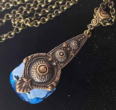 #ad Vintage Necklace Art Deco Brass Pendant Antique Sap phire Blue Czech Glass Drop $25.00