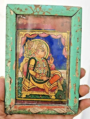 #ad Vintage Old Beautiful Gold Work Hand Paper Painting Of Hindu Saint Wooden Frame $149.25
