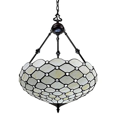 #ad Vintage Tiffany Style Ceiling Lamp 18” x 9” White Jeweled Stained Glass Cha... $303.73