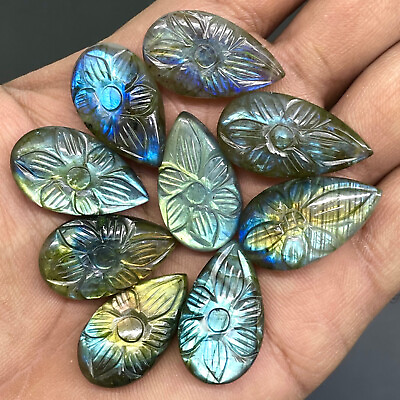 #ad 9 Pcs Natural Labradorite 25 27mm Pear Drilled Carved Flashy Loose Gemstones Lot $51.00