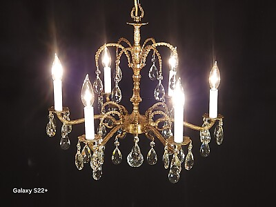 #ad ANTIQUE French Brass 6 Arm 6 Lite DAZZLING Cut Lead Crystal Chandelier $550.00
