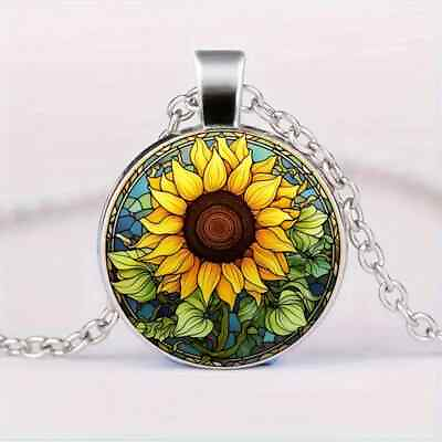 #ad Bright Beautiful Sunflower Pattern Round Pendant Necklace Jewelry Gift $10.77