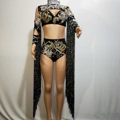 #ad Sexy Black Gold Crystal Rhinestone Bikini Dance Set Carnival Party Set Tassel $225.55