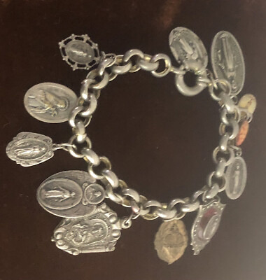 #ad Vintage Bracelet Catholic Religious Medals Charm Bracelet Style 8quot; $199.99