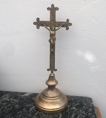 #ad Antique French Crucifix cross christ Free Standing Brass 8 1 2” 1800s Altar Gold $109.00
