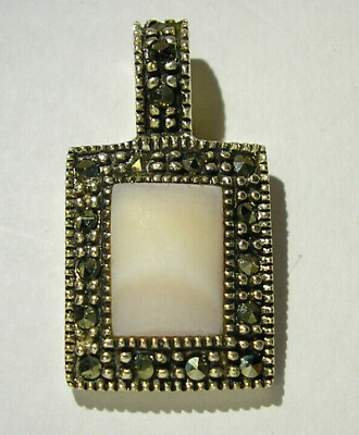 #ad Sterling Silver Pendant w Pink Rough Mother of Pearl Square Cabochon Marked 925 $13.79